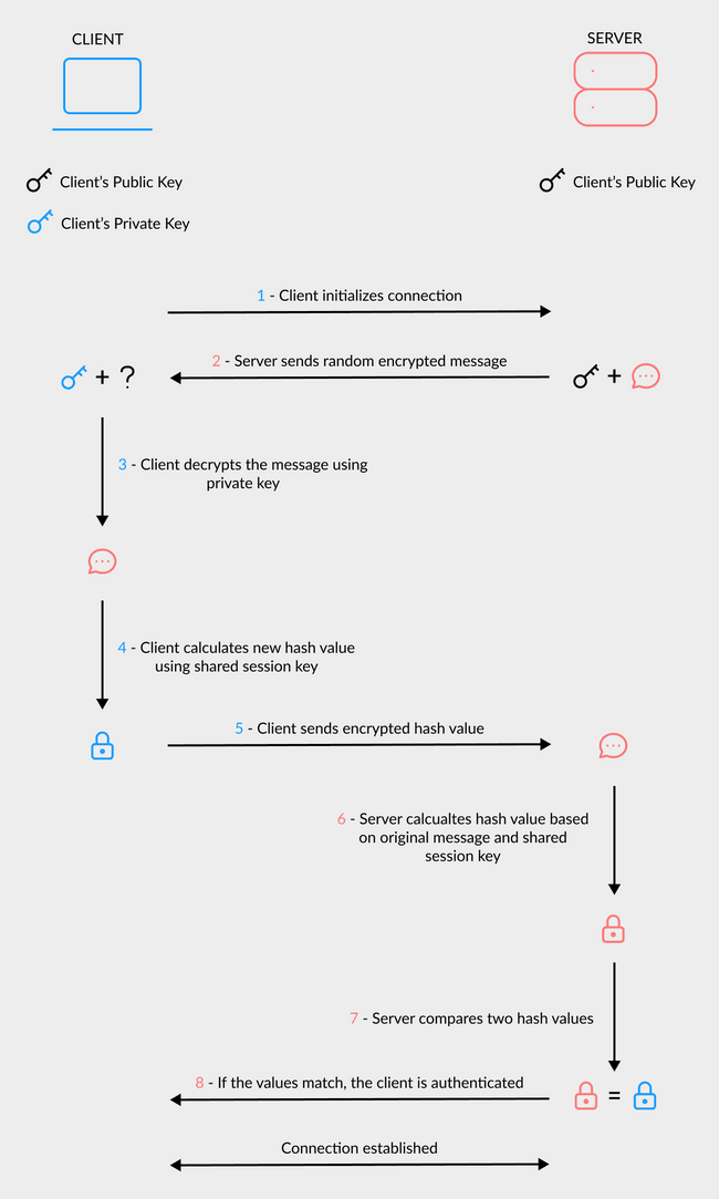 Simplified communication overview during SSH cryptographic handshake